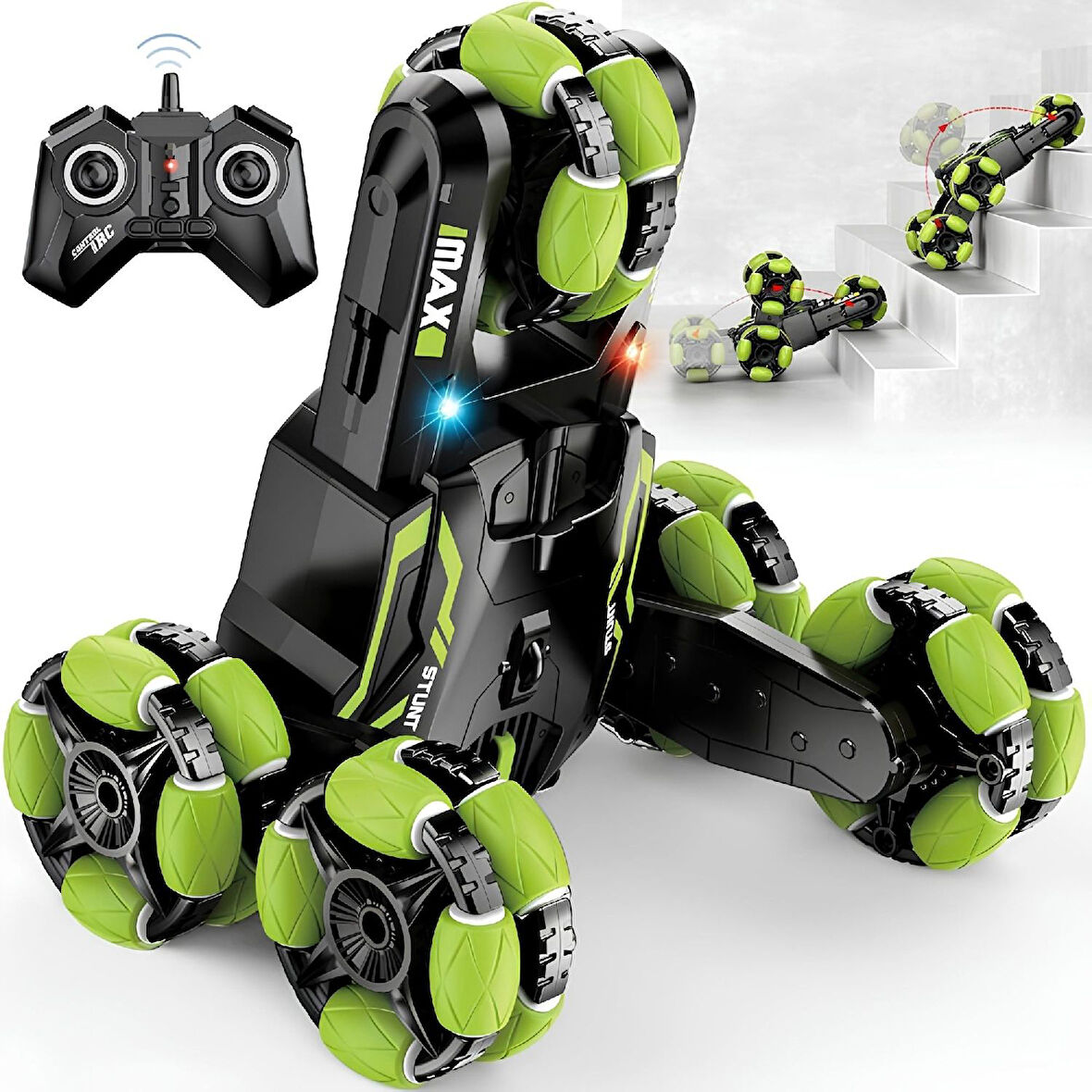 2.4GHz Uzaktan Kumandalı Yedek Şarjlı Batarya Buhar Atan 4WD Işıklı 5 Tekerli Rc Akrobat Araba Yeşil