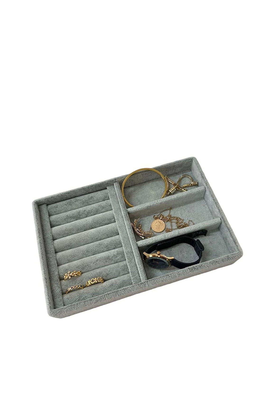 Yerli Üretim Süet Kumaş Gri Renk 22 Cm / 14 Cm Çekmece Içi Takı Standı