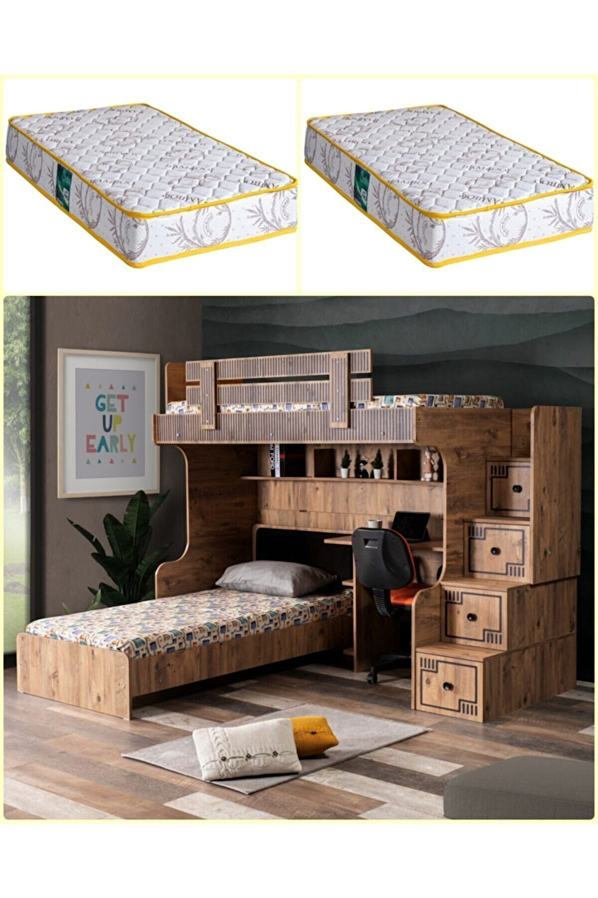 Ranza , Natural Ranza Karyola Çalışma Masası 2 Adet Comfort Yatak