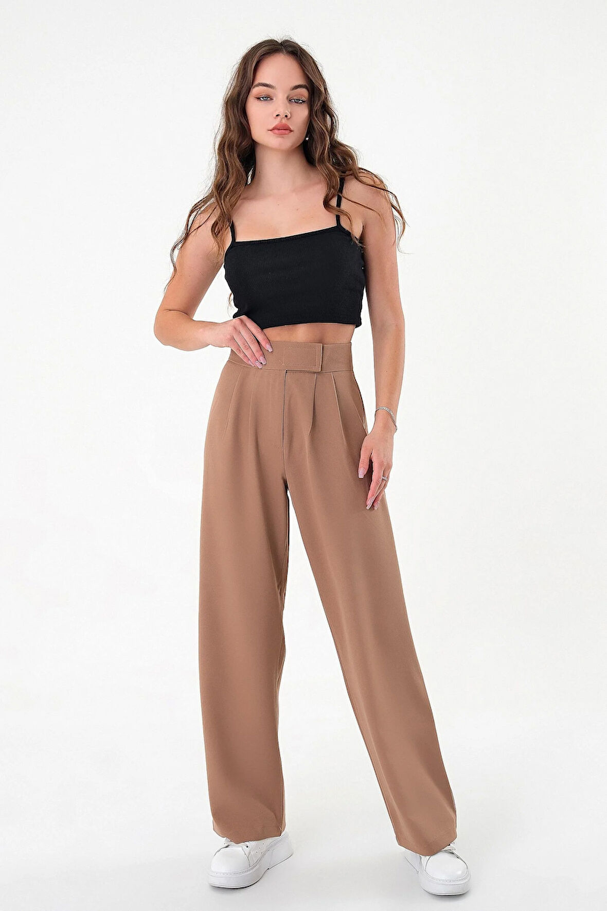 Kadın Vizon Yüksek Bel Cırtlı Palazzo Pantolon