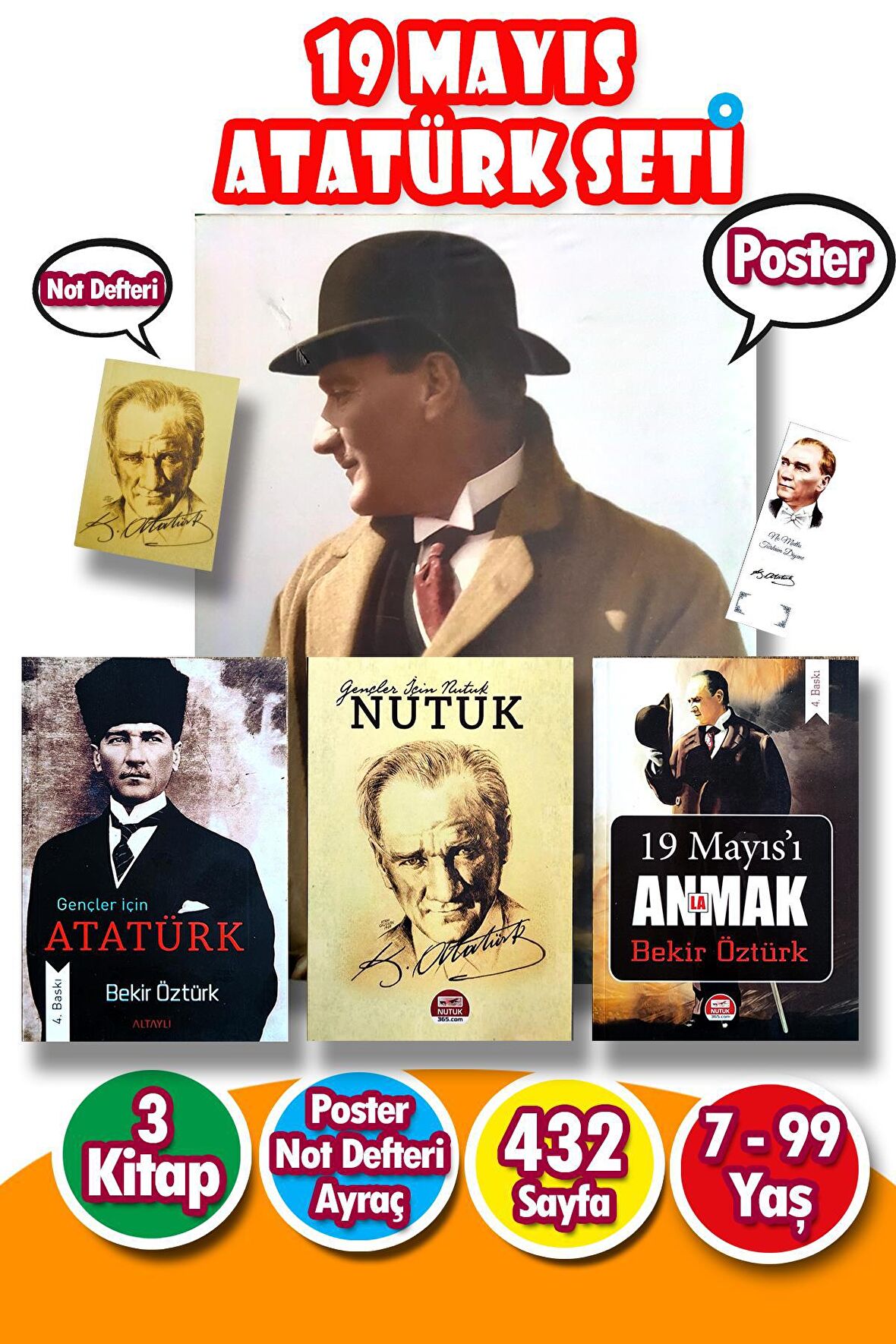 19 Mayıs  3 Kitaplı ATATÜRK Seti Not Defteri + Poster + Ayraç Hediyeli