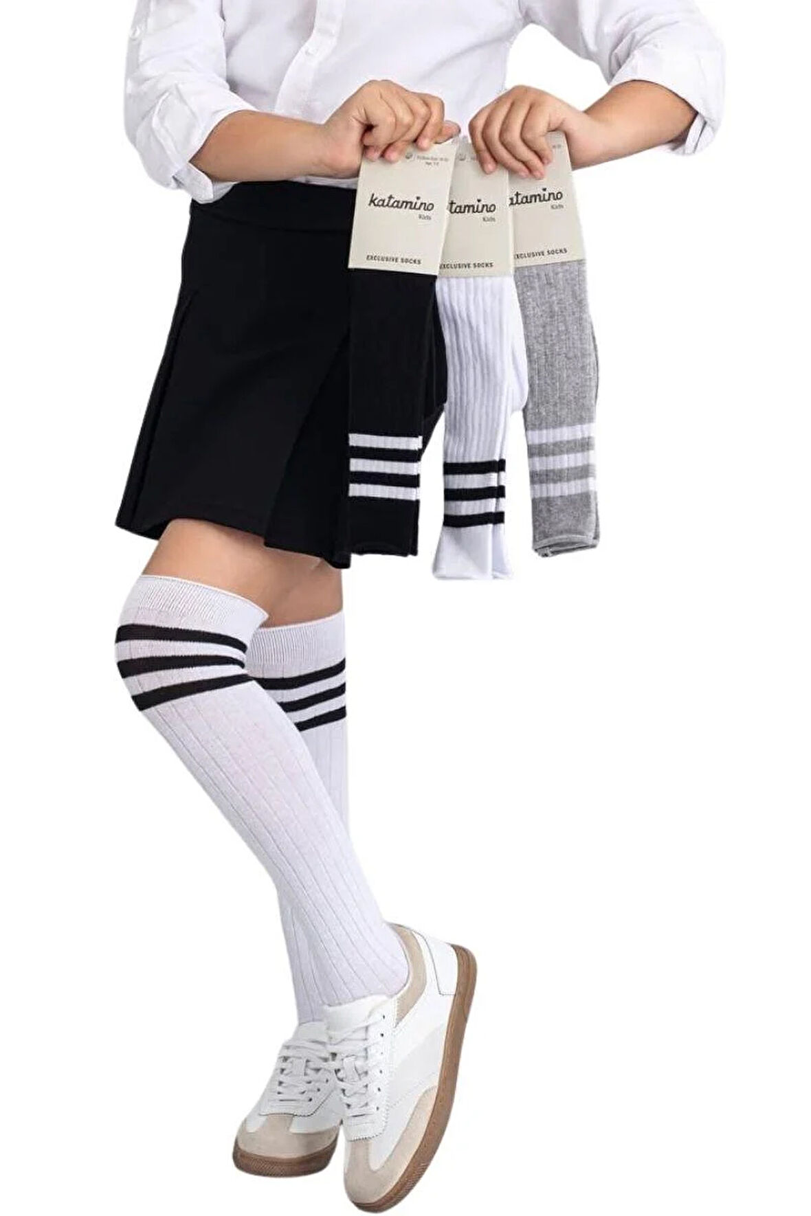 Kız Çocuk Dizaltı Çorap  3 Çift Beyaz-Gri-Siyah