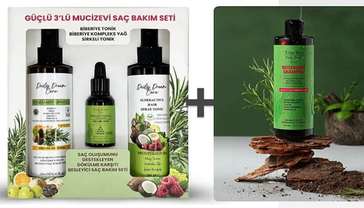 Daily Dream Series | Saç Kökü Güçlendirme Etkili Biberiye Şampuan 400 ml+ 3'lü Mucizevi Saç Bakım Seti