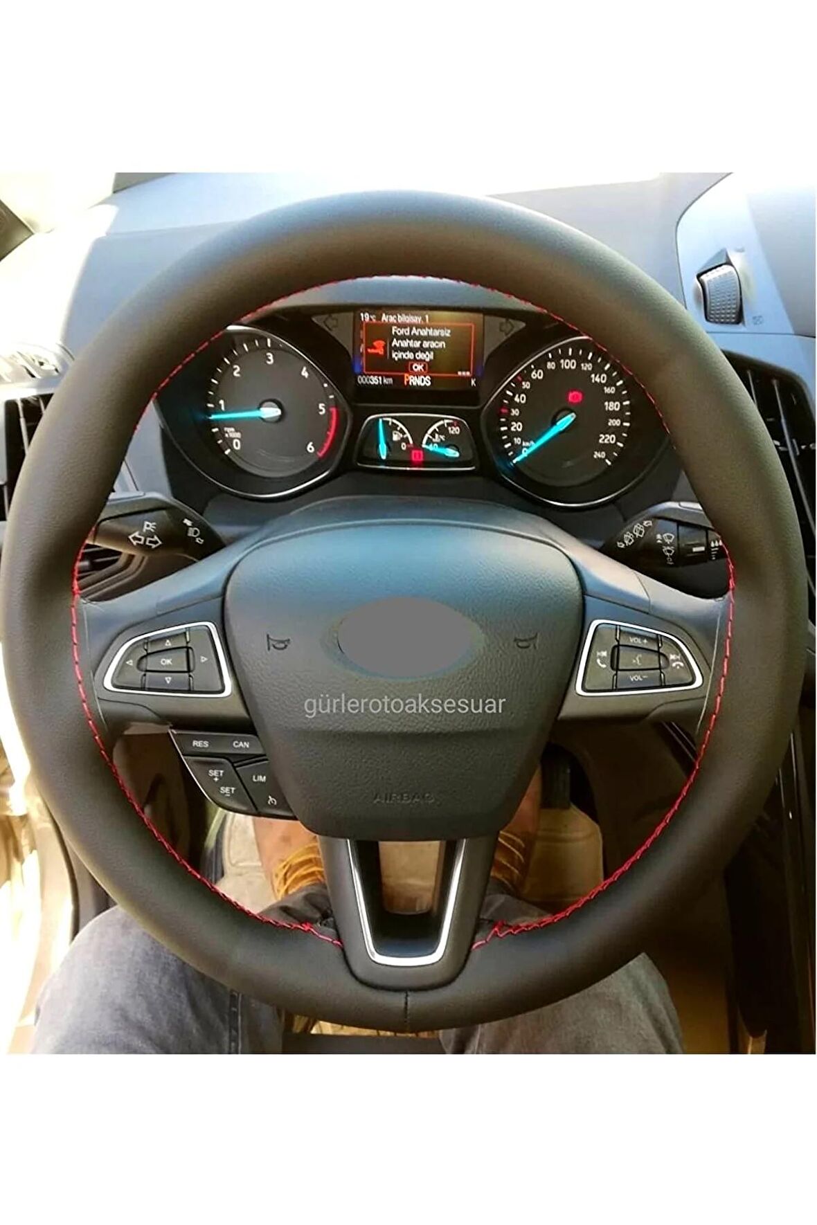 Ford Focus 3 Uyumlu Deri Direksiyon Kılıfı Dikmeli Kırmızı Ipli (38CM×11CM)