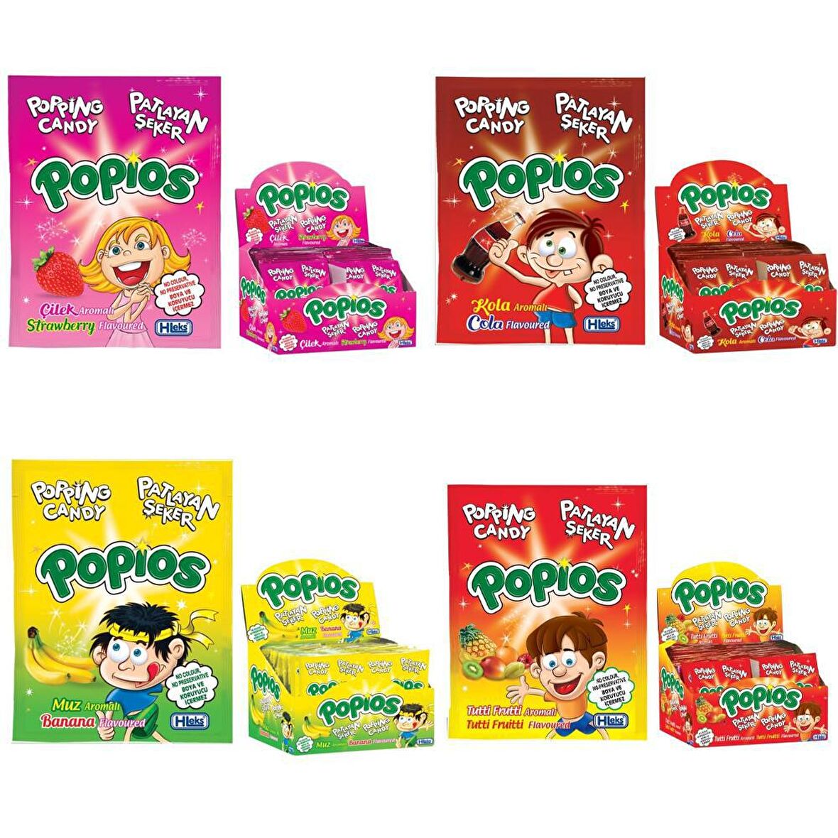Hleks Patlayan Şeker Popios 4lü Set Çilek Kola Muz Tutti Frutti