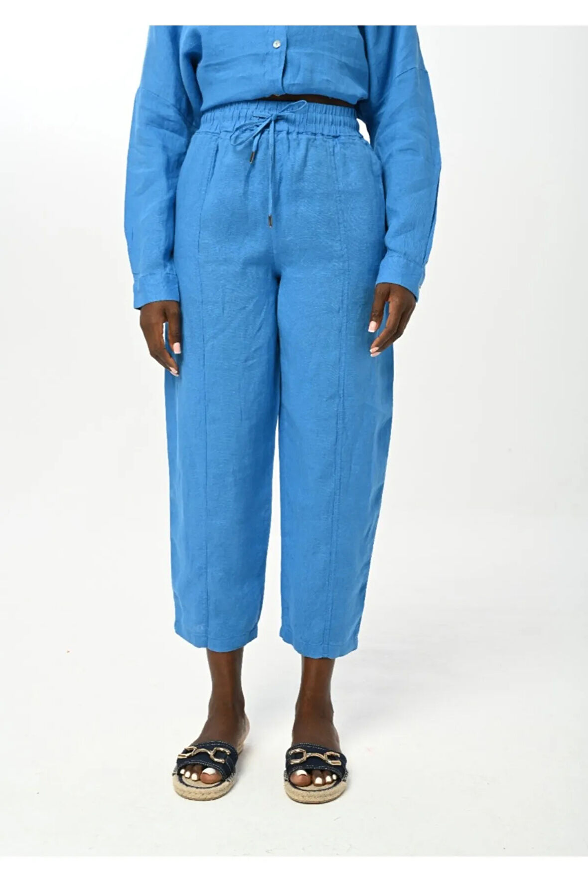 KADIN BELİ LASTİKLİ RAHAT KALIP DÜZ RENK KETEN PANTOLON