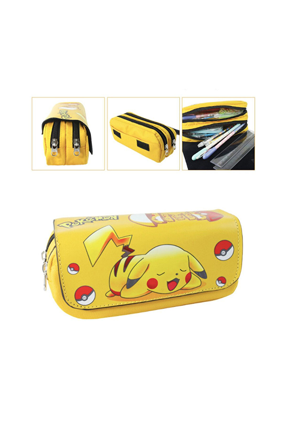 Pokemon Pikachu Cift Fermuarli Büyük Kapasiteli Okul Kalem Kutusu