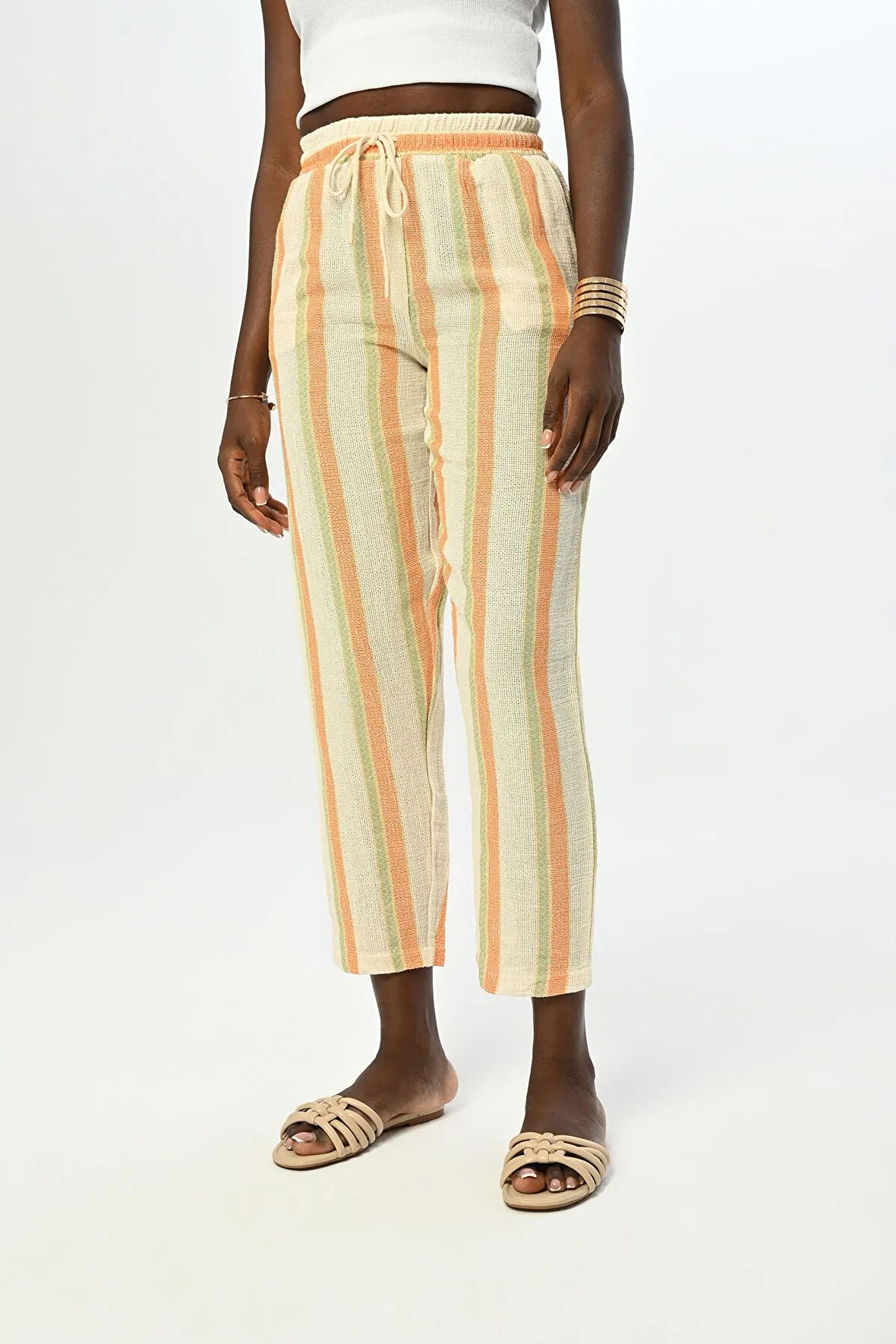 KADIN RAHAT KALIP BELİ LASTİKLİ ÇİZGİLİ PAMUK PANTOLON