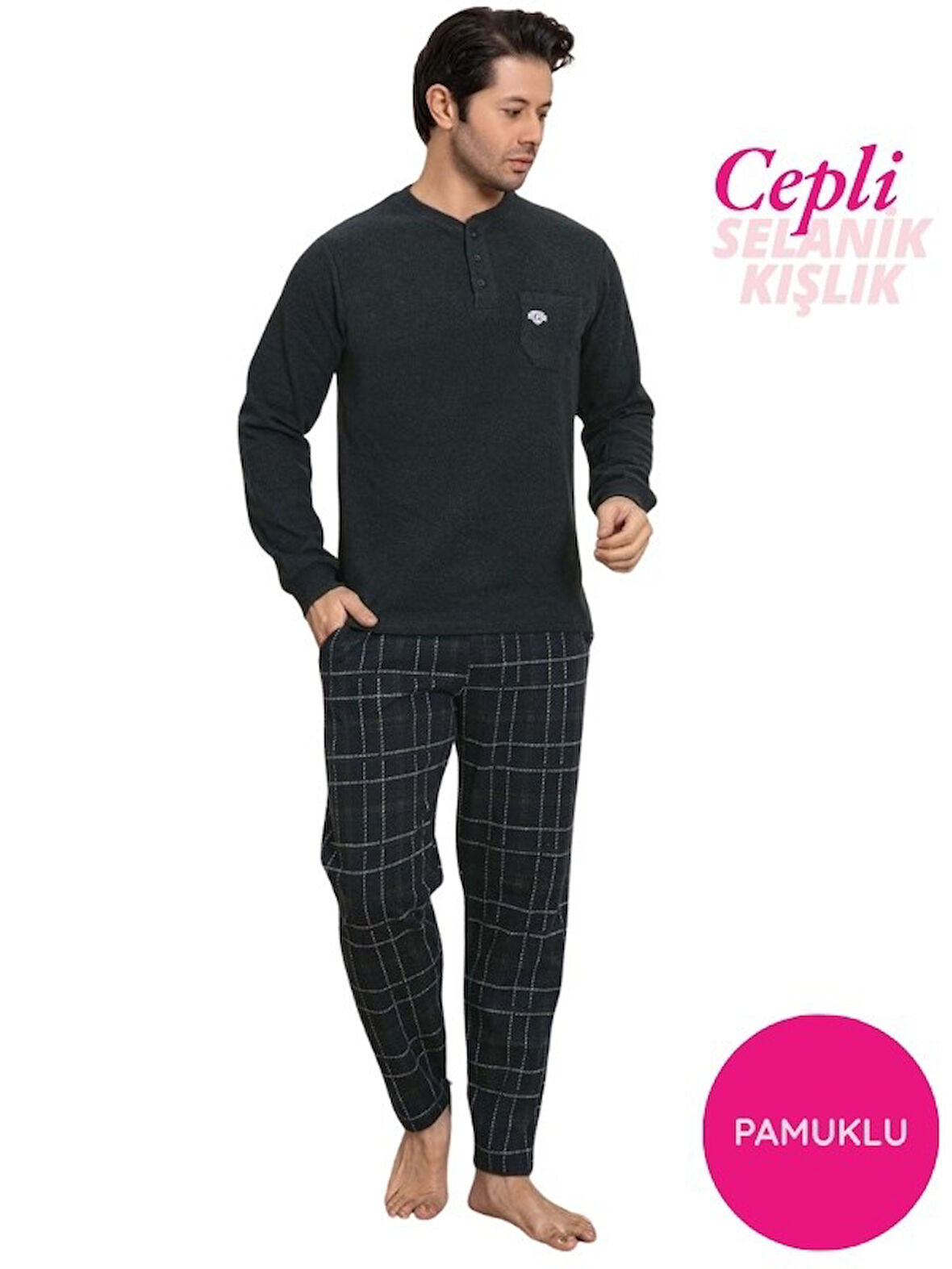 Erkek 3 Düğme Göğüs Cepli Kışlık Pamuklu Selanik Kumaş Uzun Manşetli Kol Cepli Pijama Takımı 