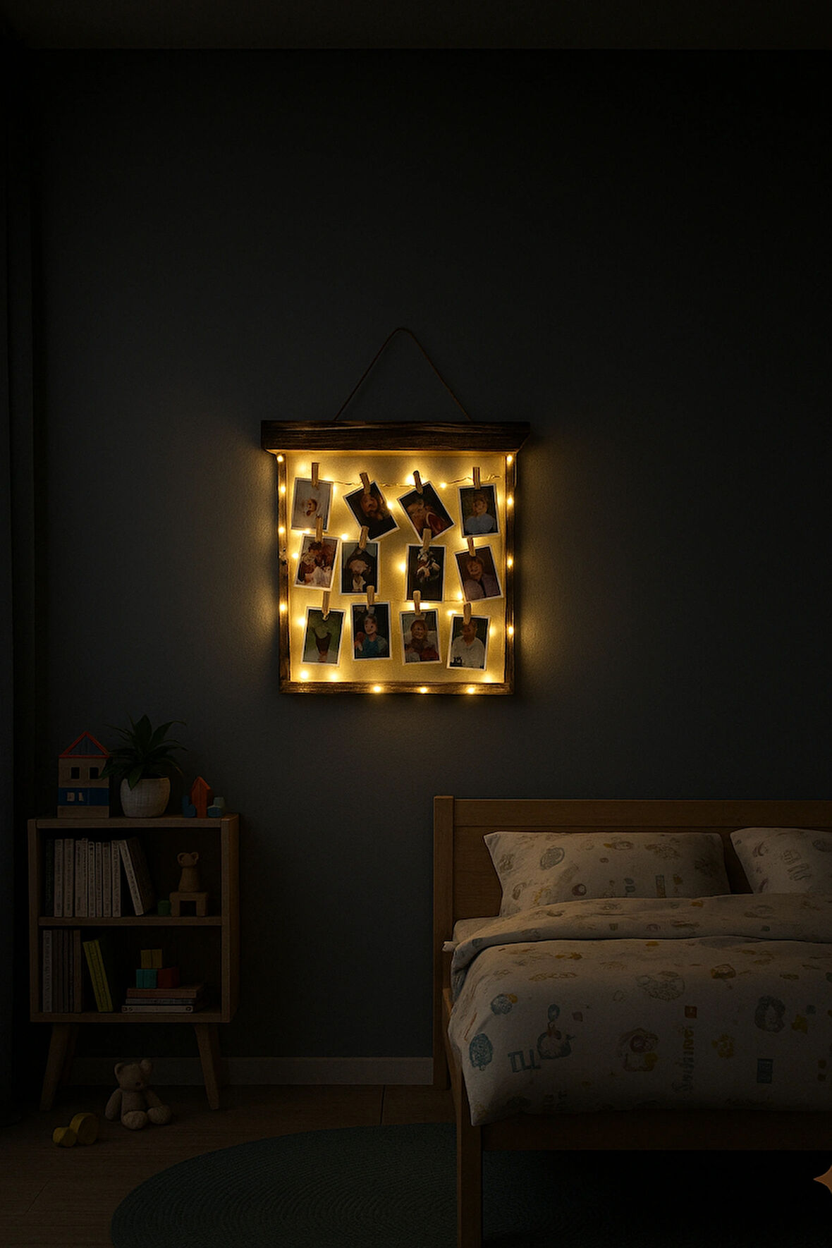 LED Işıklı Fotoğraf Albüm Çerçevesi – Ahşap Anı Panosu Duvar Dekoru