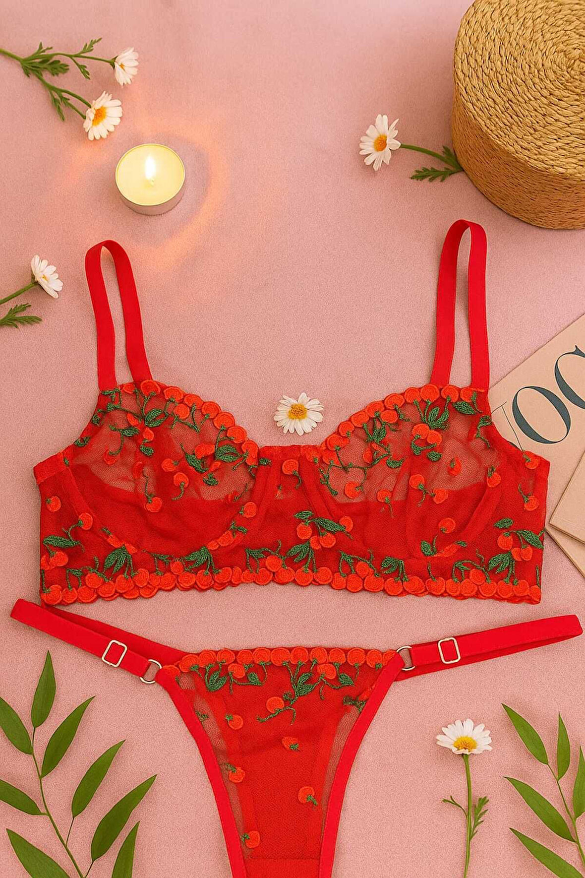 Kadın Kırmızı Şeffaf Kiraz Nakışlı Dantel Sütyen Külot Takımı - Ayarlanabilir Askılı