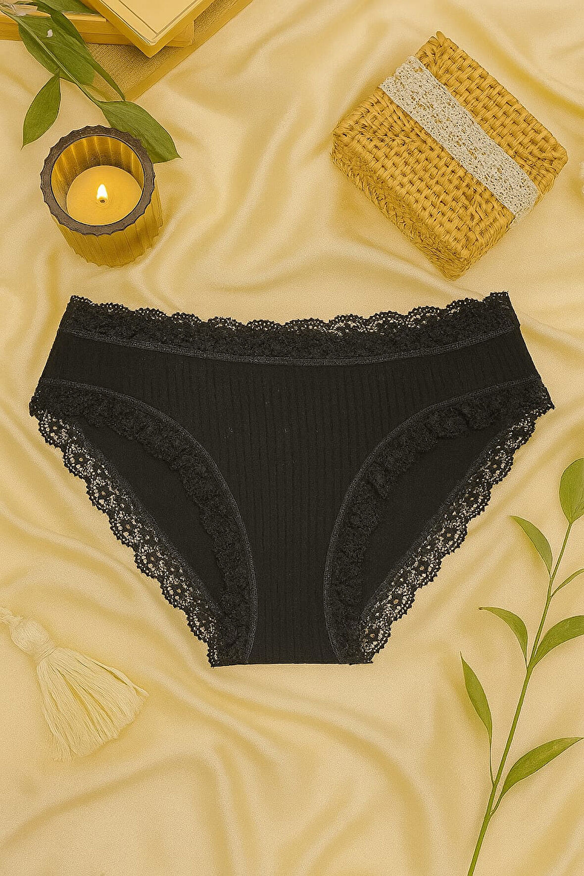 Pamuklu Dantel Detaylı Kadın Slip Külot 2'li Set - KAHVE & SİYAH