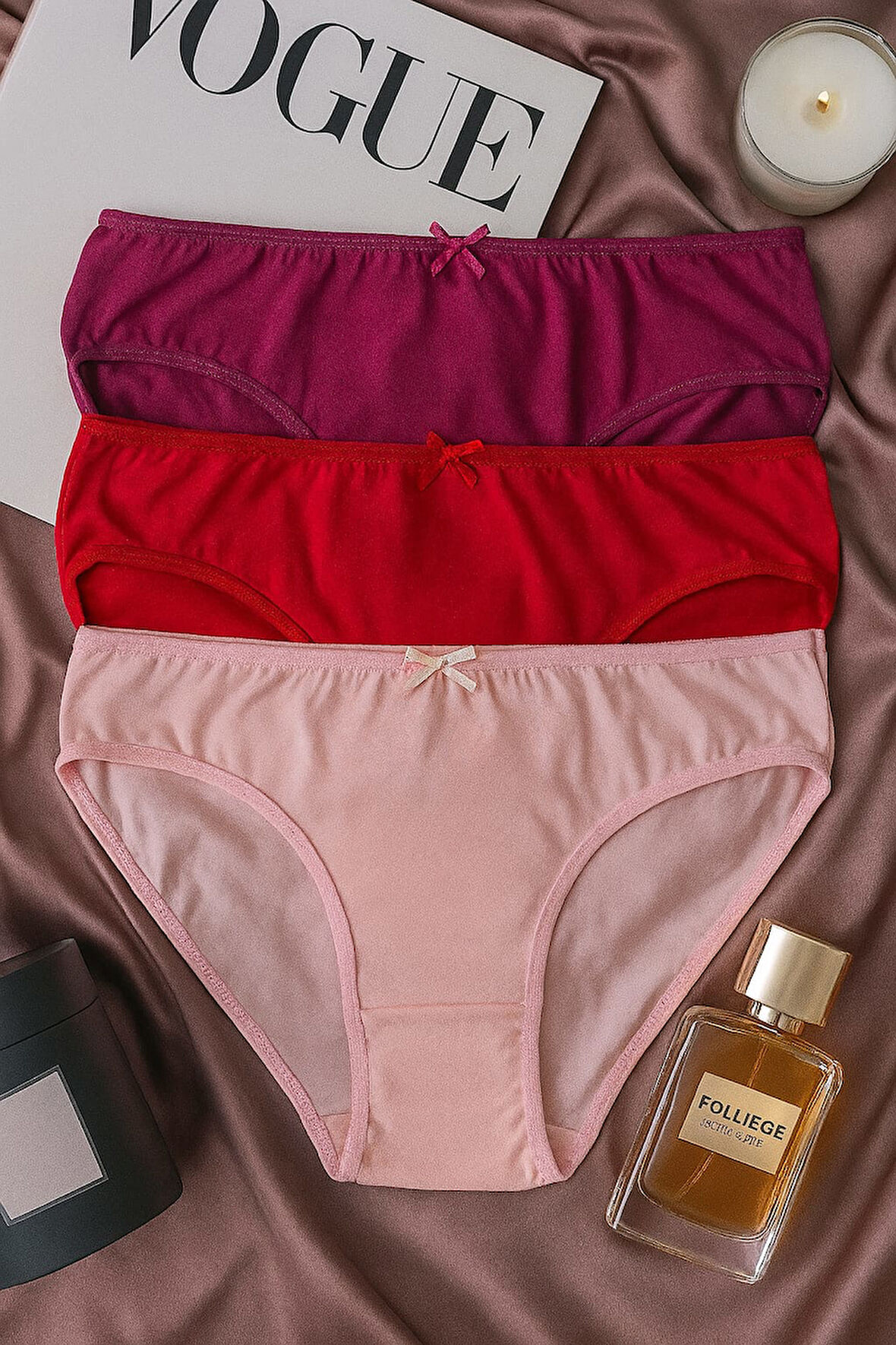 Kadın 3'lü Pamuklu Külot Seti - Fuşya, Kırmızı, Pudra - Günlük Rahat Dikişsiz Slip