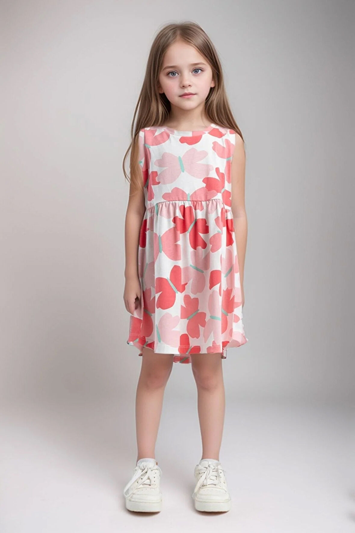 Kız Çocuk Giyim %100 Pamuk Mercan - Beyaz Elbise