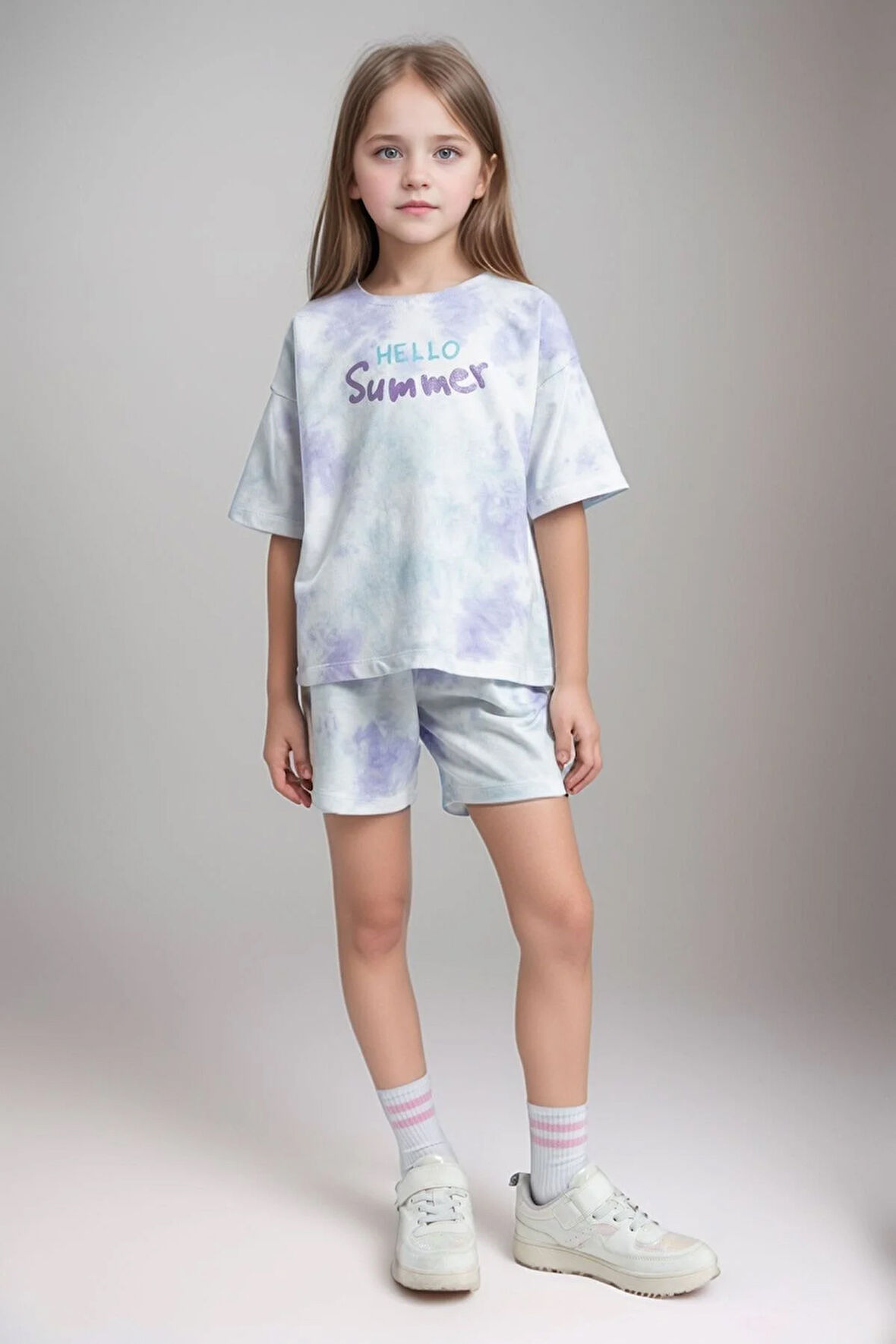 Kız Çocuk Giyim %100 Pamuklu Oversize Desenli T-Shirt & Şort İkili Takım LL.P01.O2.L01.010