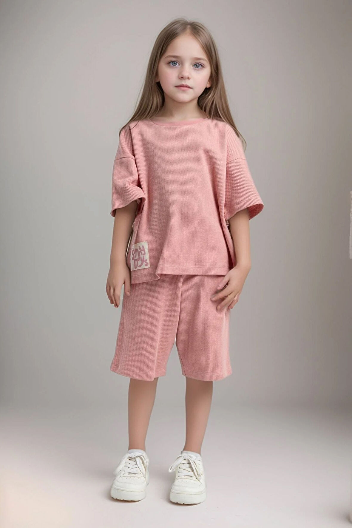 Kız Çocuk Giyim %100 Pamuklu Retro Pembe Oversize T-Shirt & Şort İkili Takım LL.P01.O2.L01.011