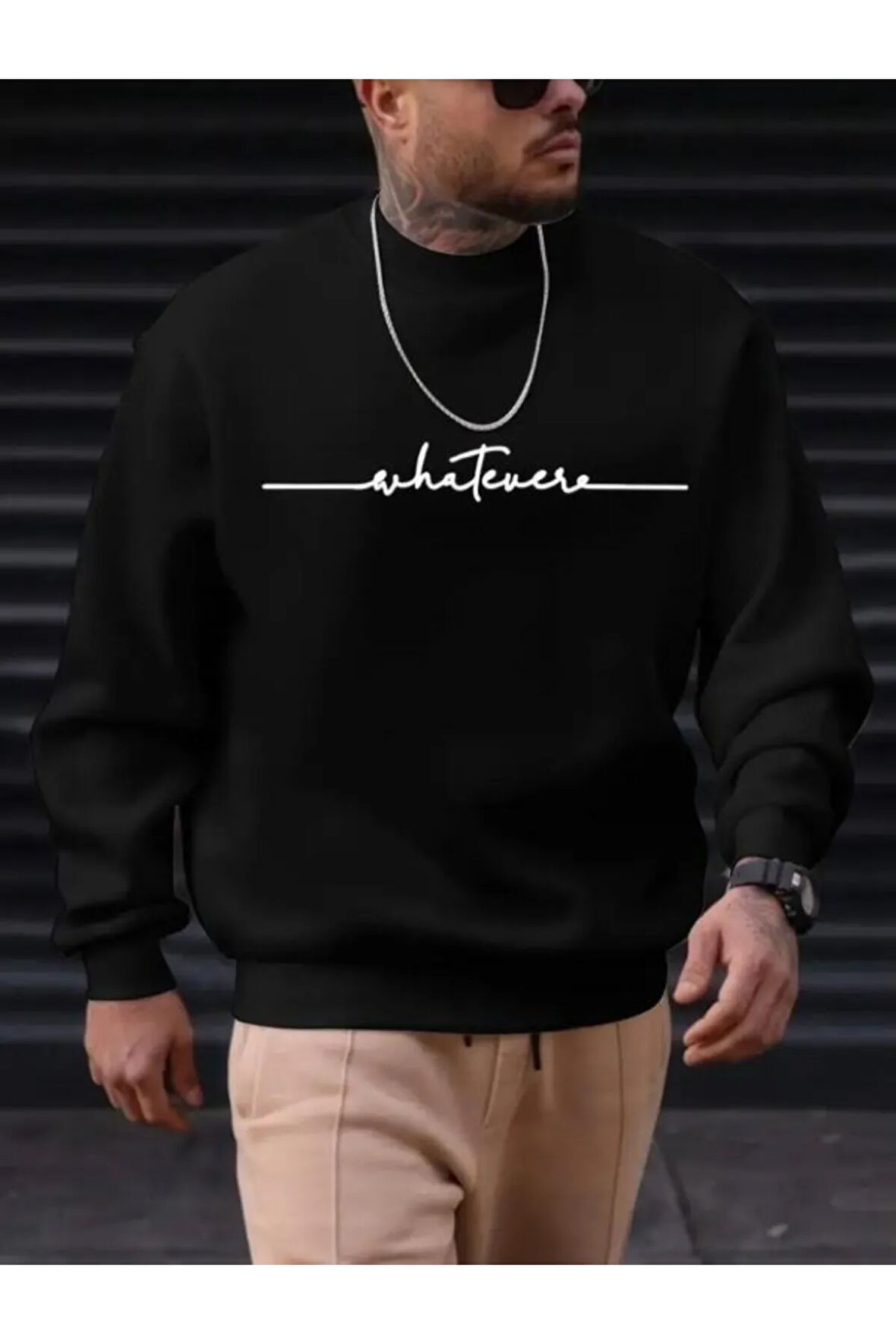 Erkek Siyah Oversize Whatever Baskılı Bisiklet Yaka