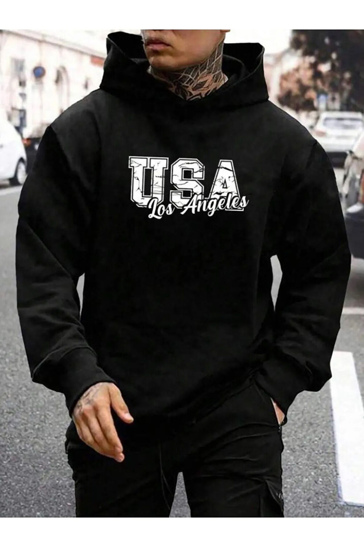 Erkek Siyah Usa Losangeles Baskılı Oversize Sweatshirt