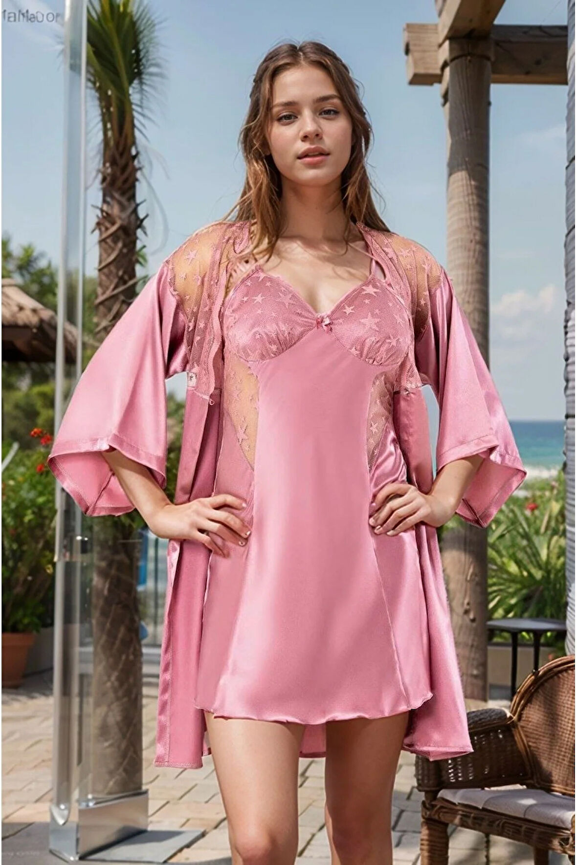 Kadın Giyim Dantel Detaylı Mini Yıldız Detaylı Gecelik & Kuşaklı Sabahlık 2'li Takım LL.F01.AA.L030