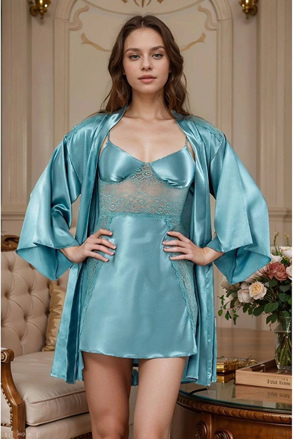 Kadın Giyim Mavi Dantel Detaylı İp Askılı Gecelik & Sabahlık 2'li Set LL.F01.AA.L035