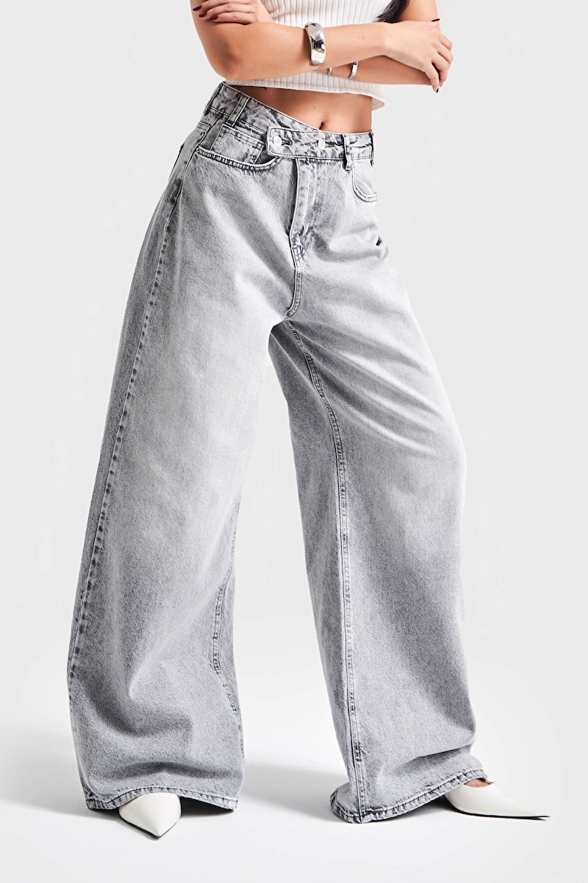 Kadın Gri Kot Rengi 4S5-12 Mega Baggy Fit Bol Kesim %100 Koton Denim Jean