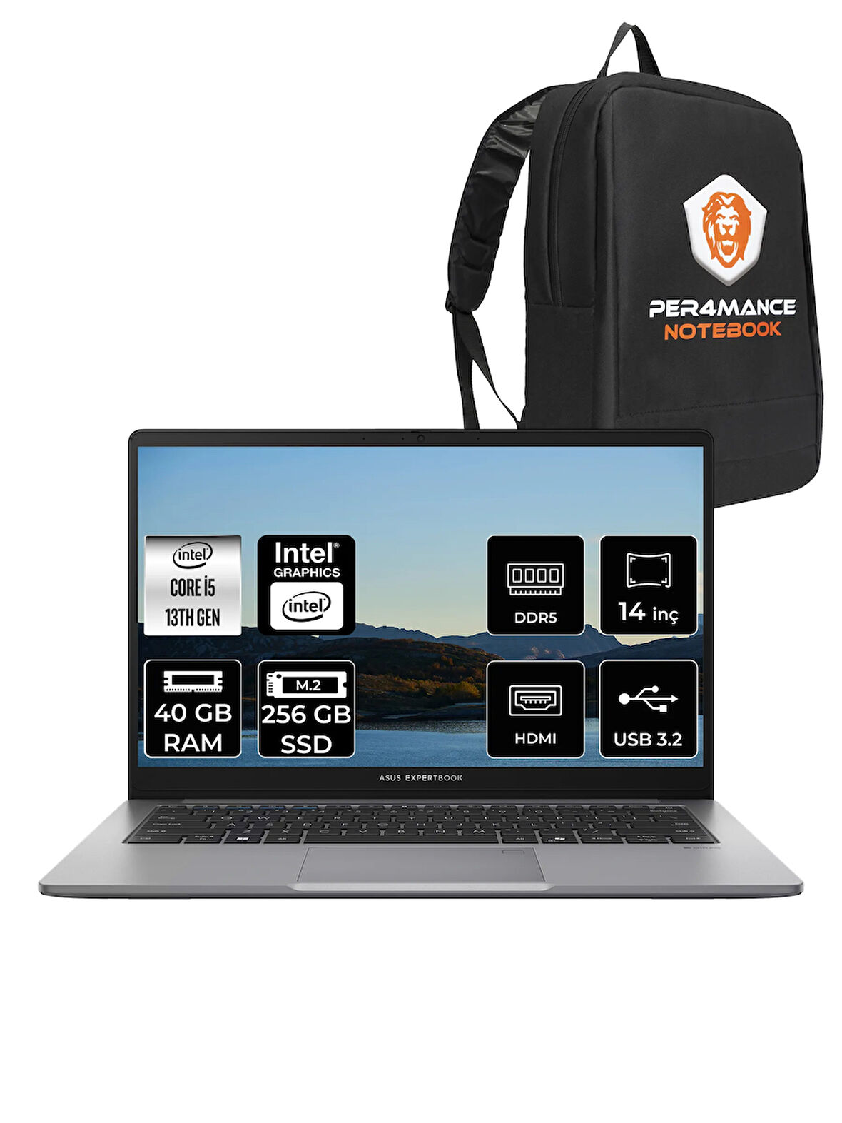 Asus ExpertBook P1 Intel Core i5 13420H 40GB 256GB SSD 14" FHD FDOS Taşınabilir Bilgisayar & PER4 Çanta