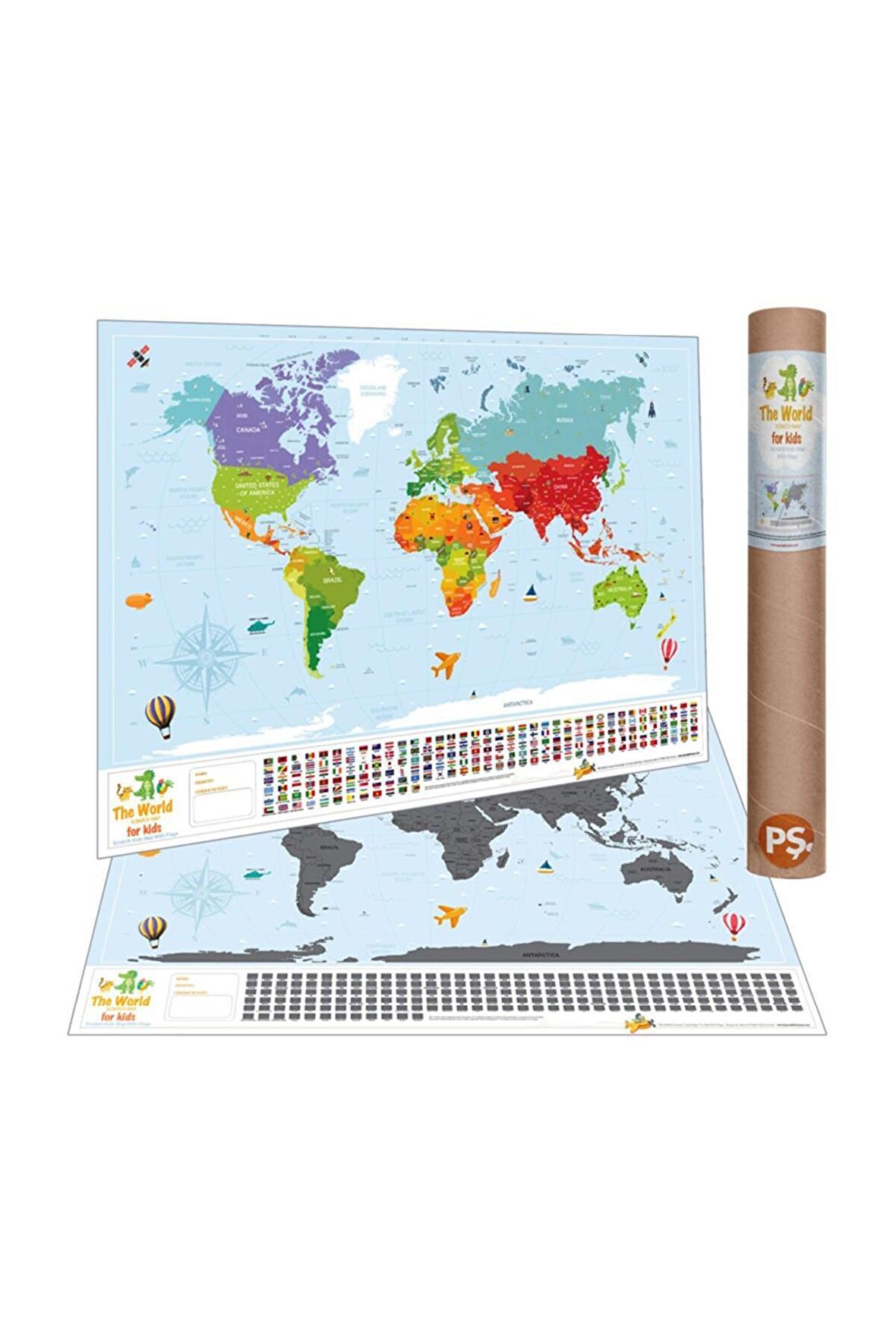 Scratch Map Kids Eyaletli Kazınabilir Çocuklar Için Eğitici Öğretici Dünya Haritası En Büyük Boy 70×100