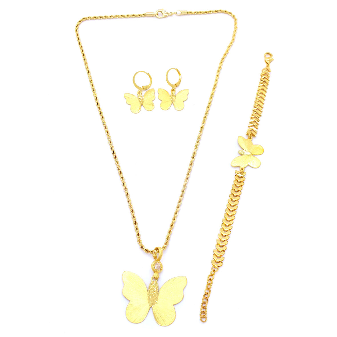 Altın Kaplama Kelebek Şekilli Kolye Küpe Bileklik Set SET-119
