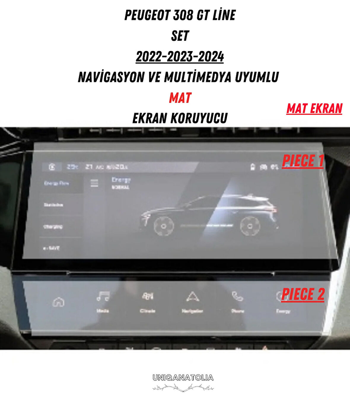 Peugeot 308 GT Line 2022-2024 Navigasyon ve Multimedya Uyumlu Mat Ekran Koruyucu