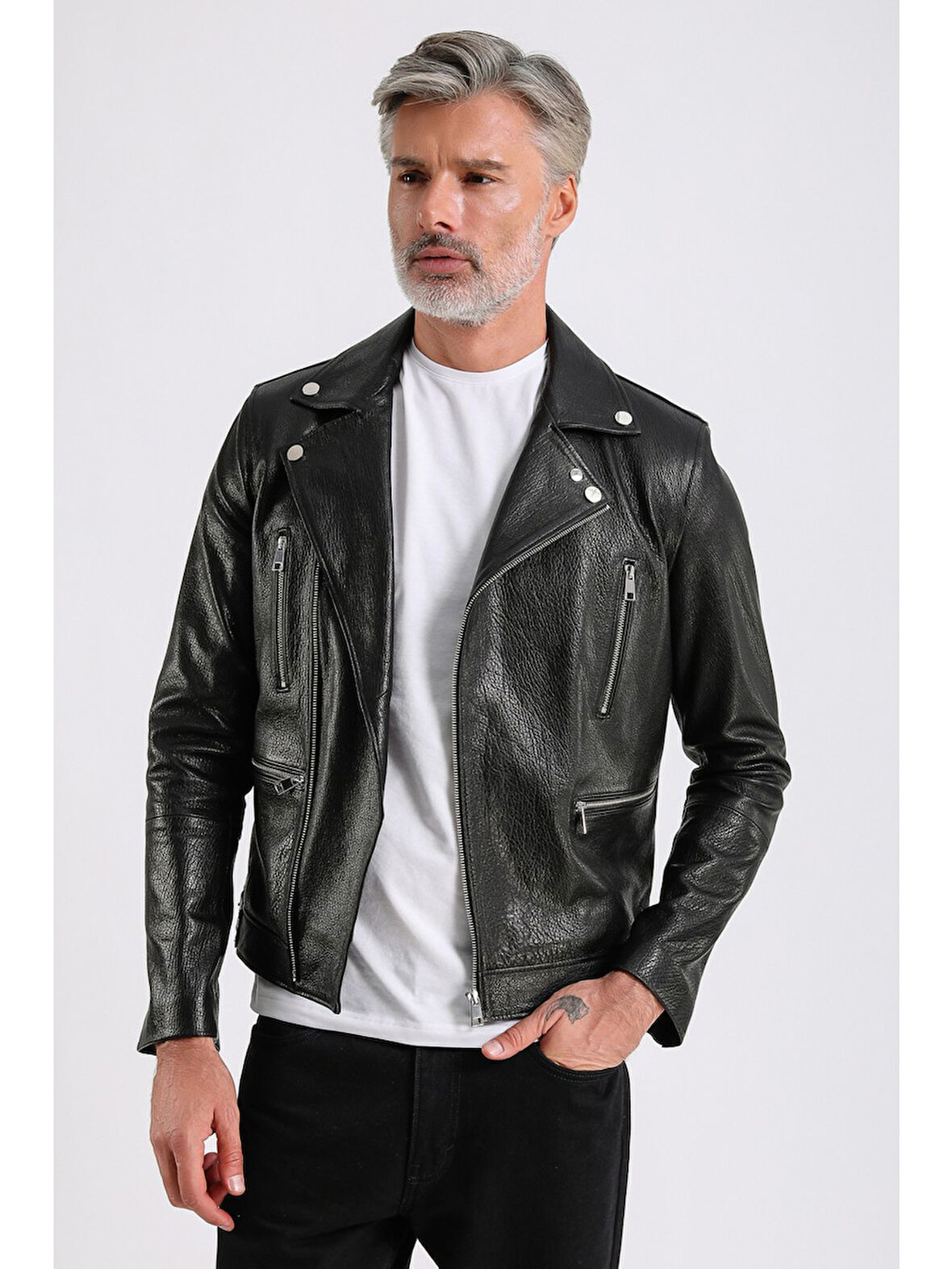 Judah Erkek Siyah Jumbo Biker Deri Mont