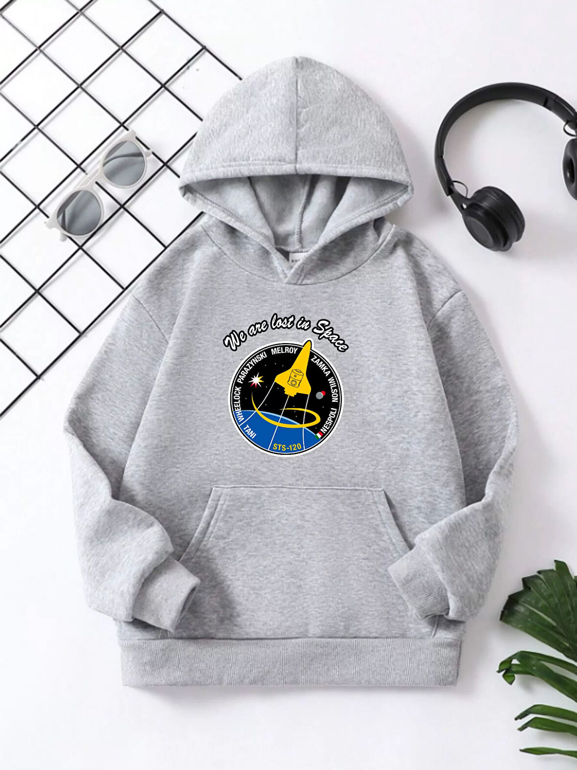 Çocuk Unisex Kapüşonlu Space Baskılı Pamuklu Sweatshirt - Gri