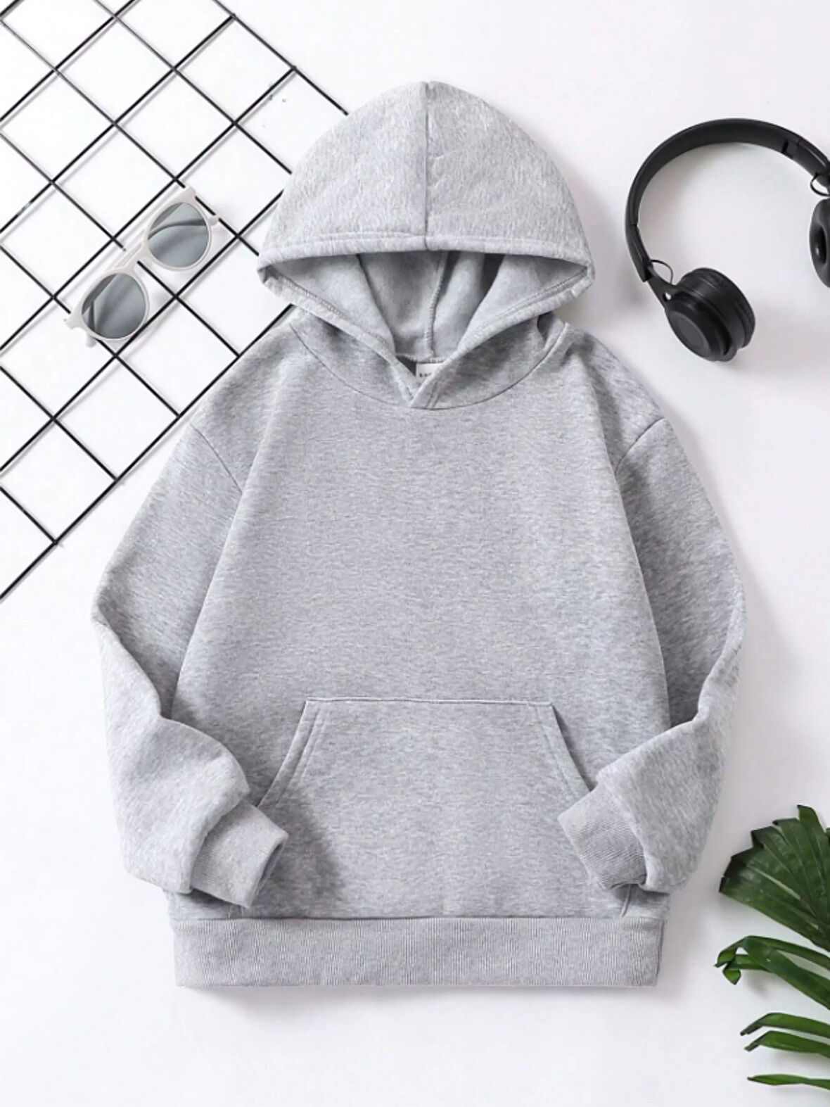 Çocuk Unisex Kapüşonlu Düz Renk Pamuklu Sweatshirt - Gri