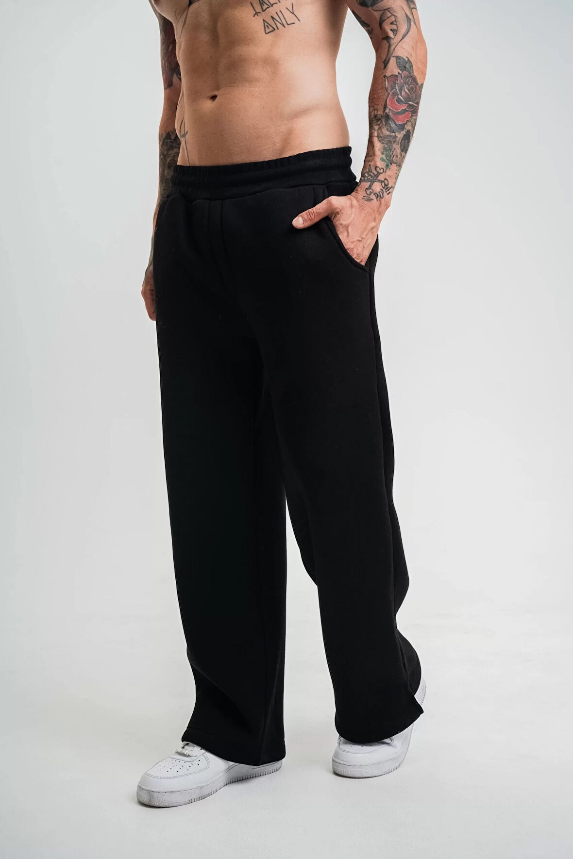 Unisex Boru Paça Baggy Eşofman Pantalon - Siyah