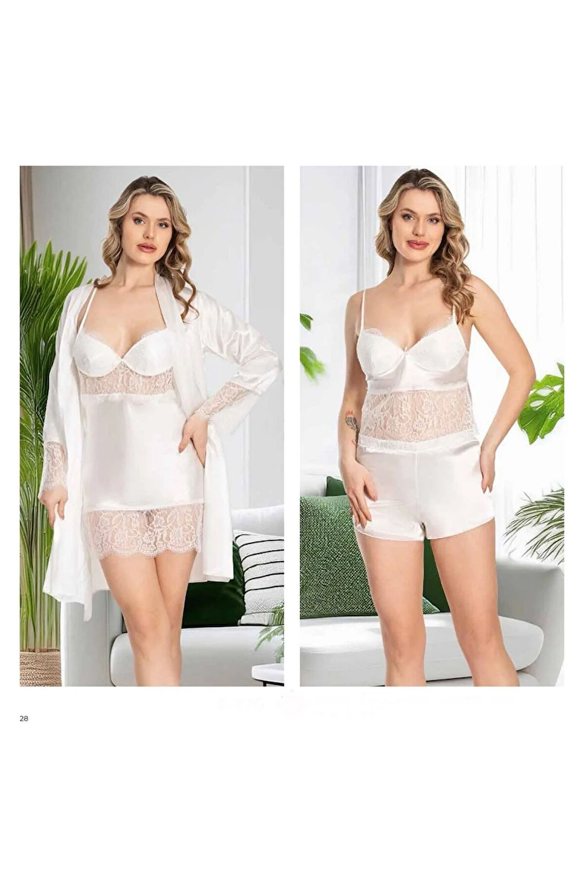 Kadın Ekru Saten Gecelik Sabahlık Pijama Takım Şort Takım 6'lı Set J.ER.3.R.O.Z7.0.E.L.T.