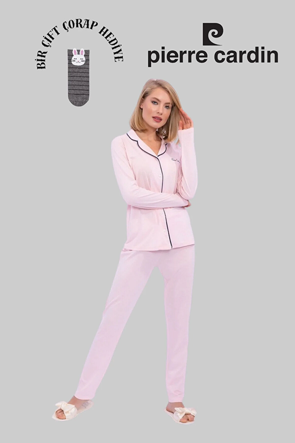 Kadın Gül Kurusu Uzun Kollu, Önden Düğmeli Pijama Takımı 1 Çift Çorap Hediyeli R.O.Z..8.2.E.L.T.8.