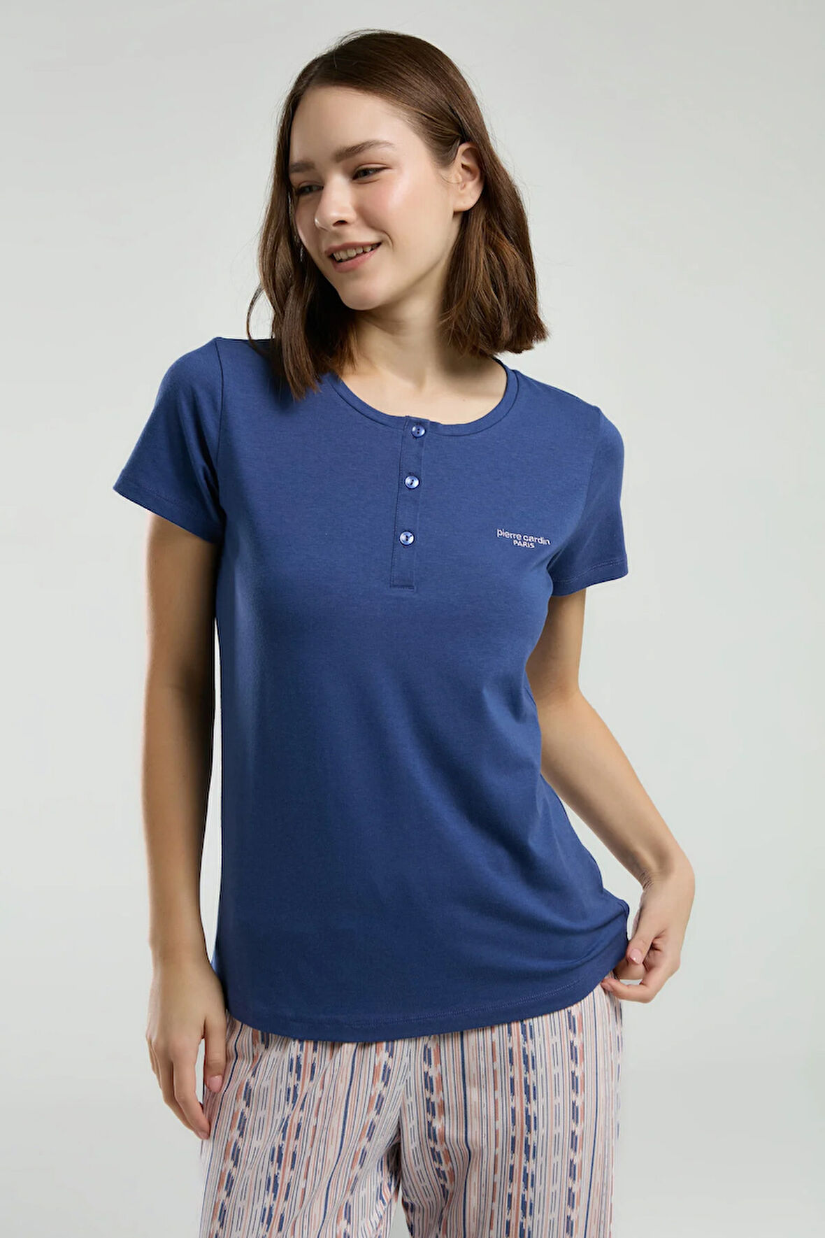 Kadın İndigo Cepli Kısa Kollu Pijama Takımı R.O.8.9.Z.E.5.6..L.T.