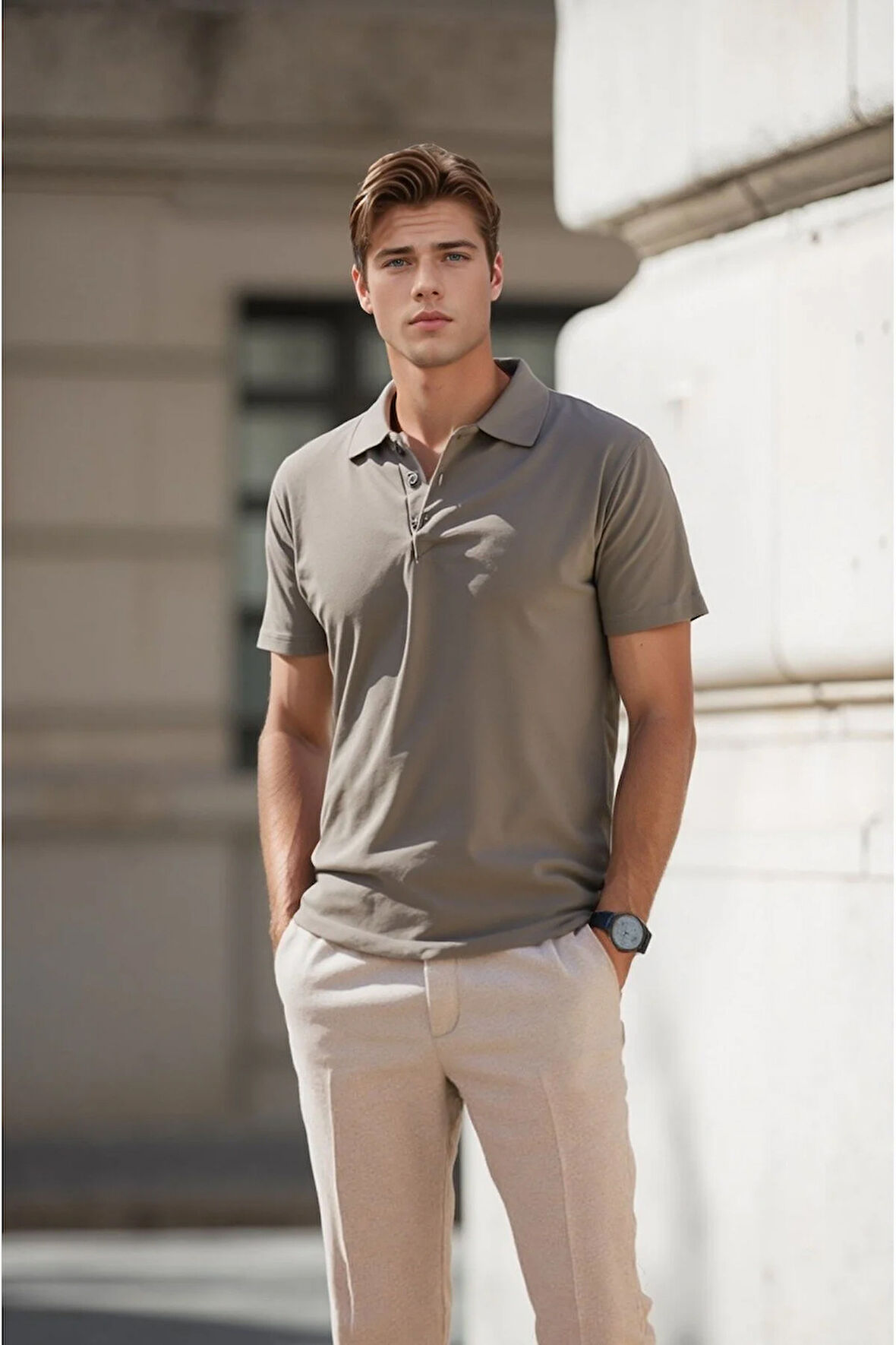 Erkek Bej Pamuklu Polo Yaka T-shirt
