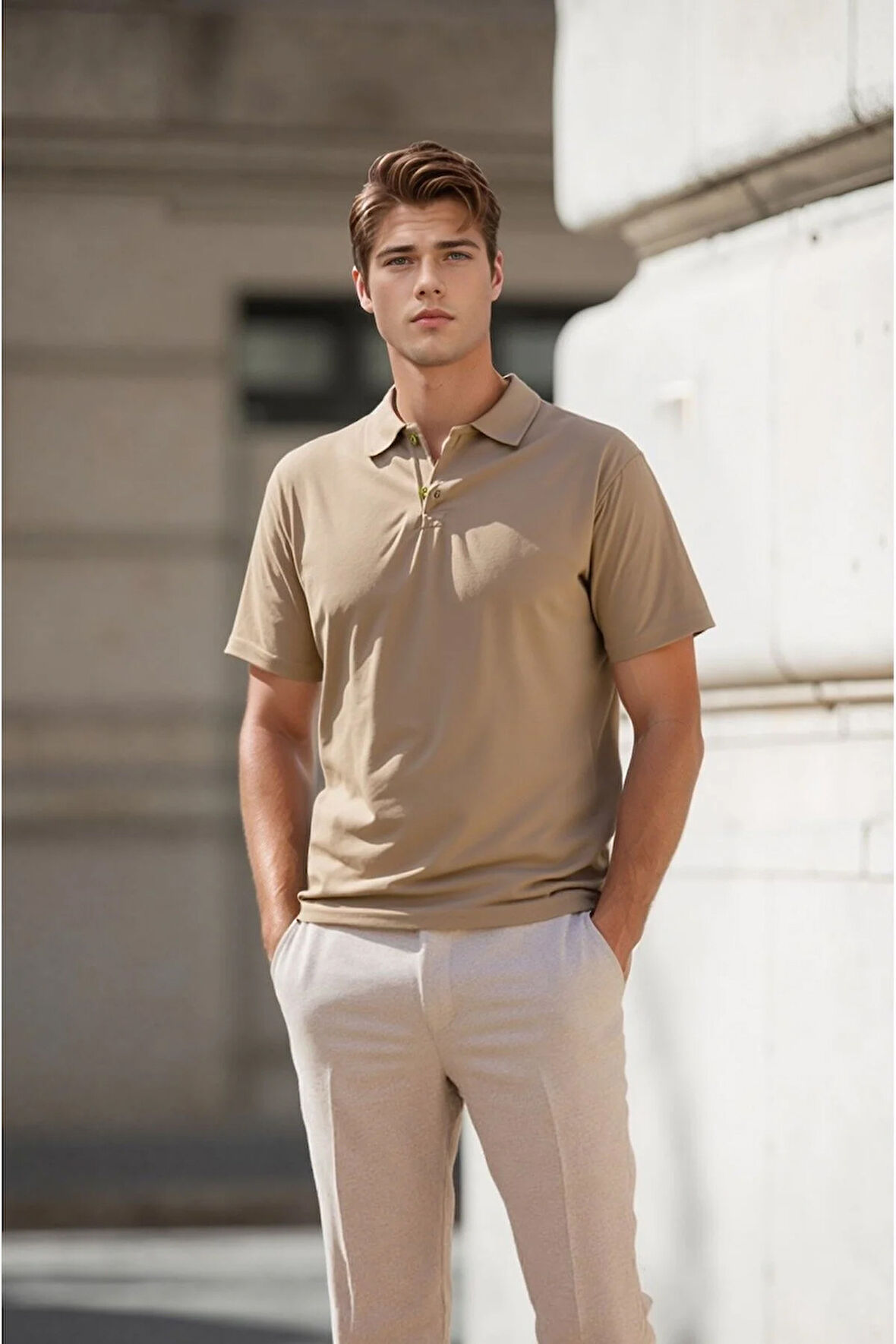 Erkek Bej Pamuklu Polo Yaka T-shirt