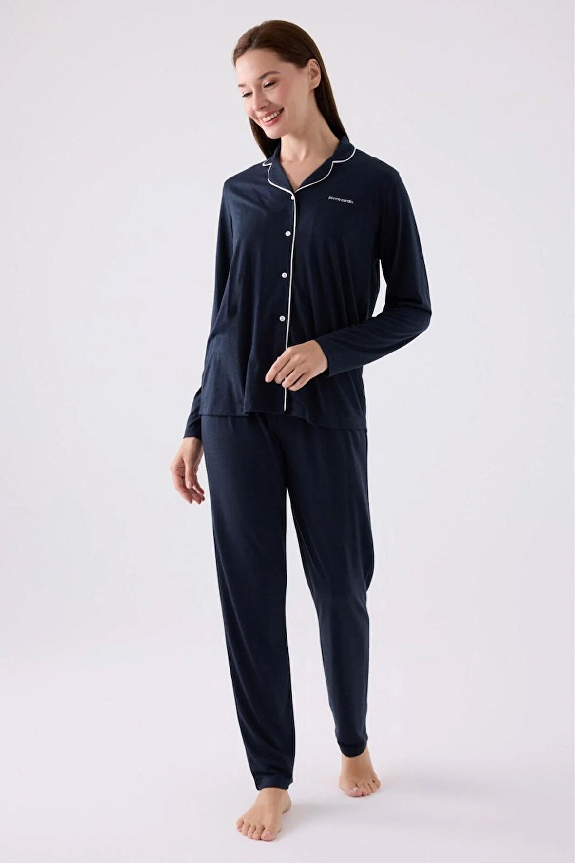 Kadın Navy Önden Düğmeli Pamuklu Modal Pijama Takımı