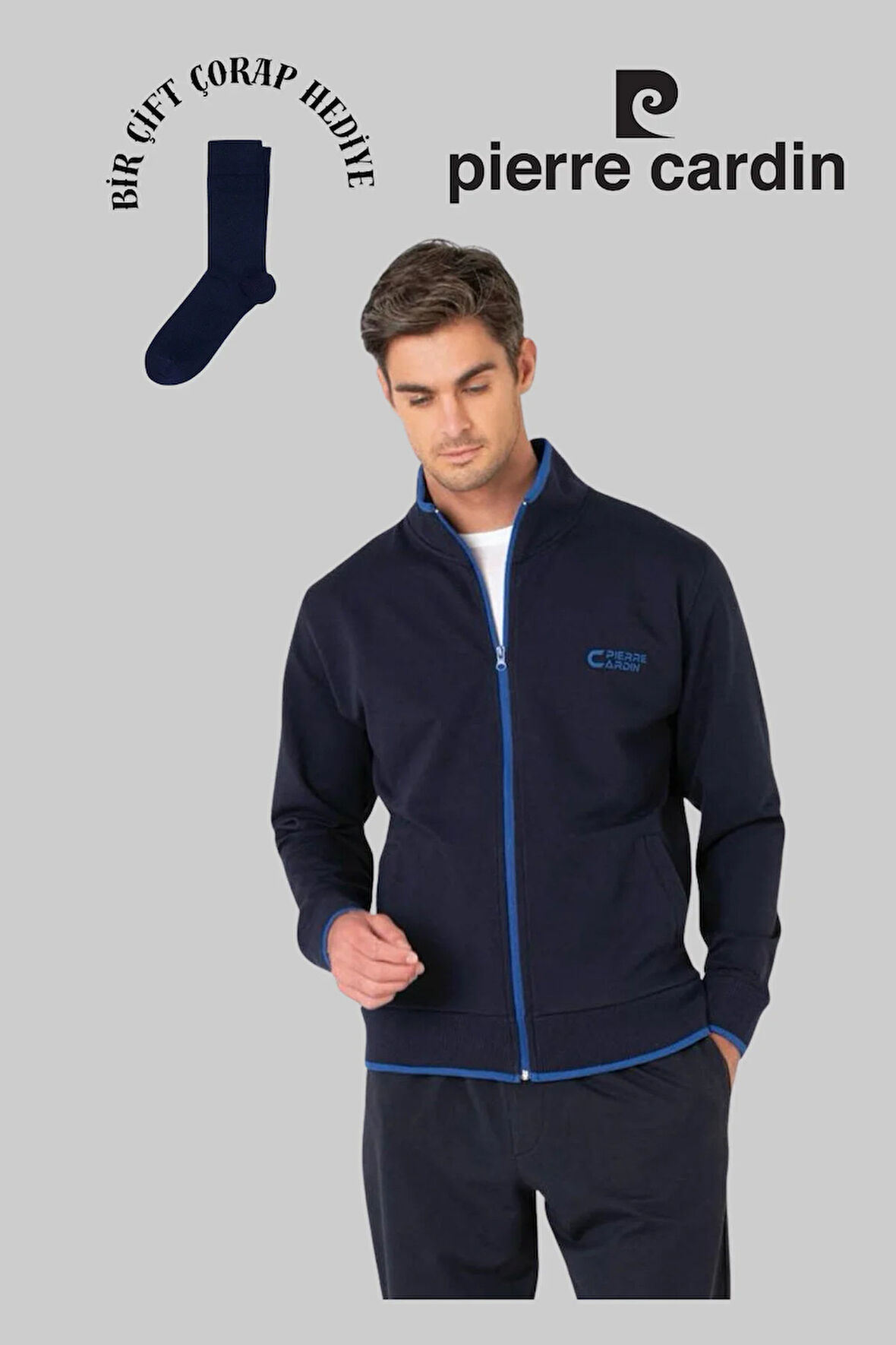 Erkek Lacivert Pamuklu Fermuarlı Eşofman Takımı 1 Çift Çorap Hediye .R.O1.P.İ.ERŞ.II.E.L.T