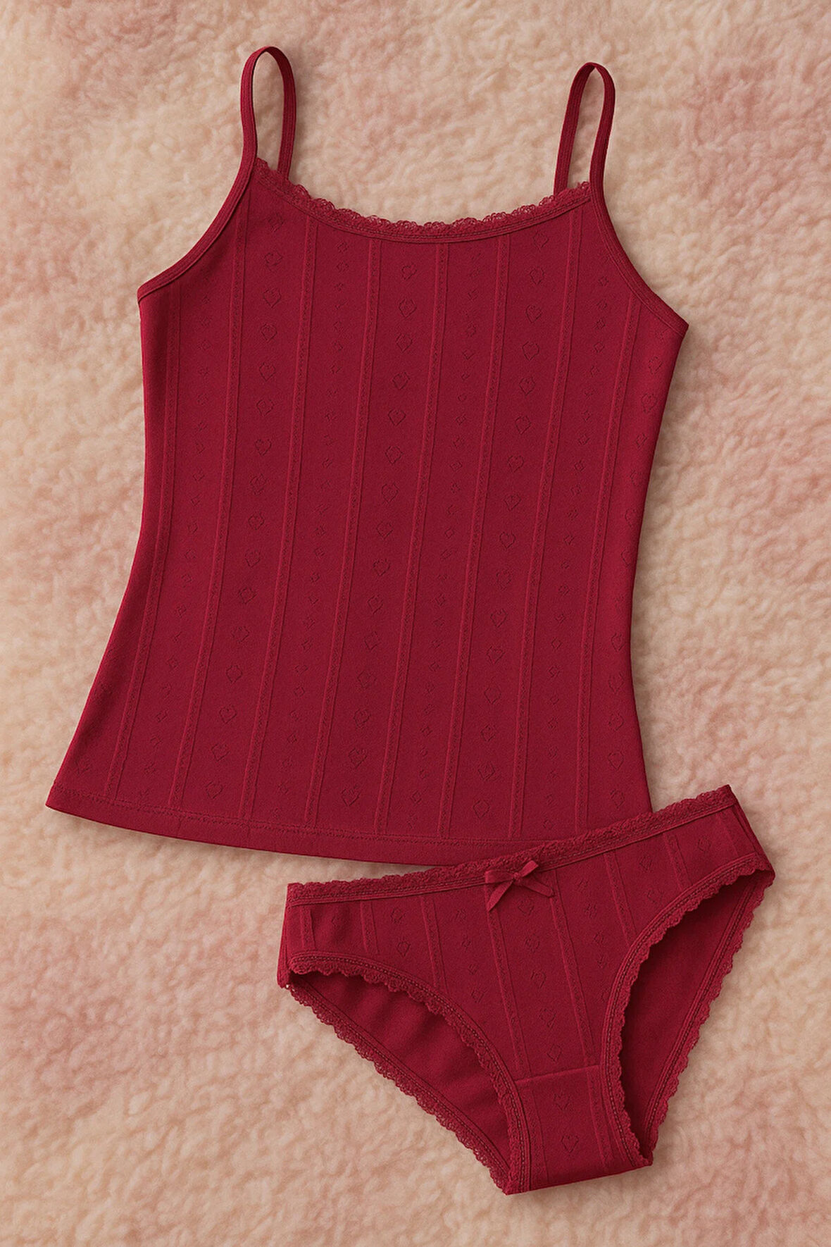 Kadın Vişne Pamuklu Dantelli İp Askılı Atlet & Külot 2'li Takım