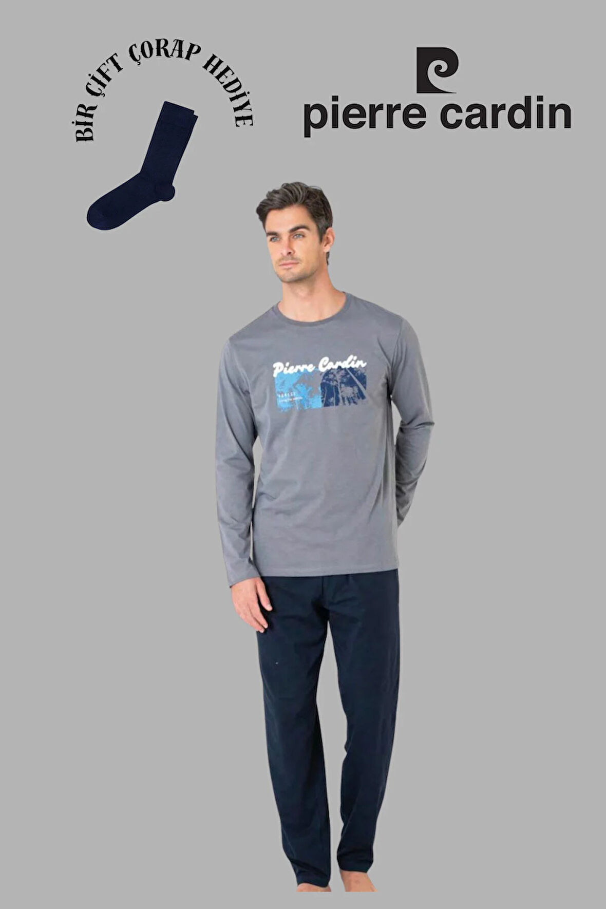 Erkek Siyah Uzun Kol Pamuklu Pijama Takımı 1 Çift Çorap Hediyeli