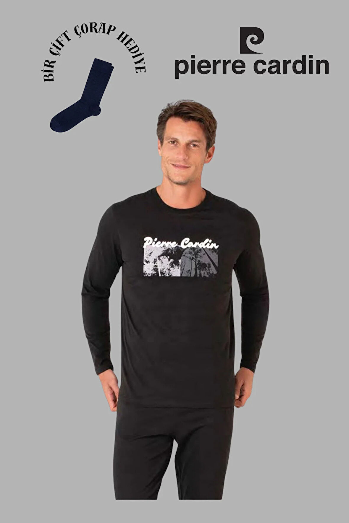 Erkek Siyah Uzun Kol Pamuklu Pijama Takımı 1 Çift Çorap Hediyeli