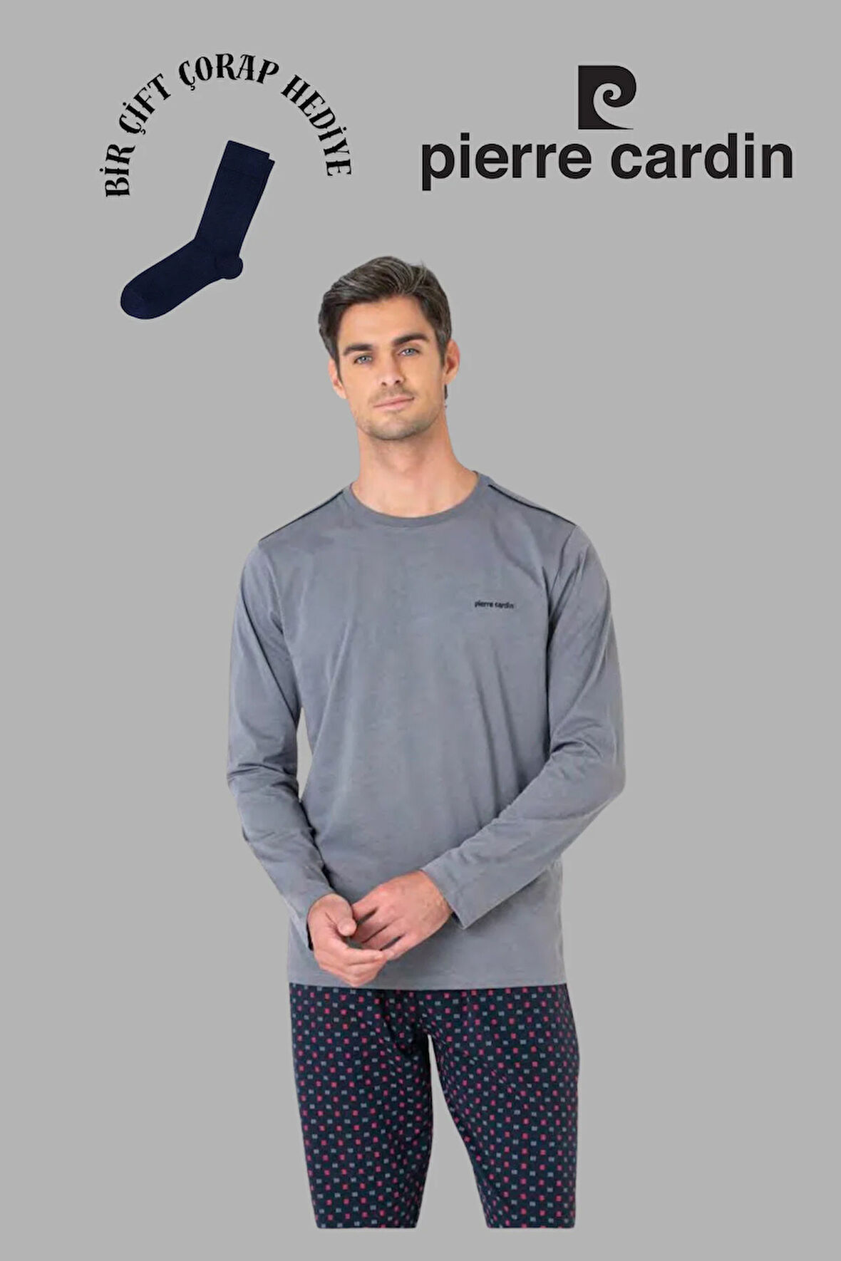 Erkek Koyu Gri Uzun Kol Pamuklu Pijama Takımı 1 Çift Çorap Hediyeli