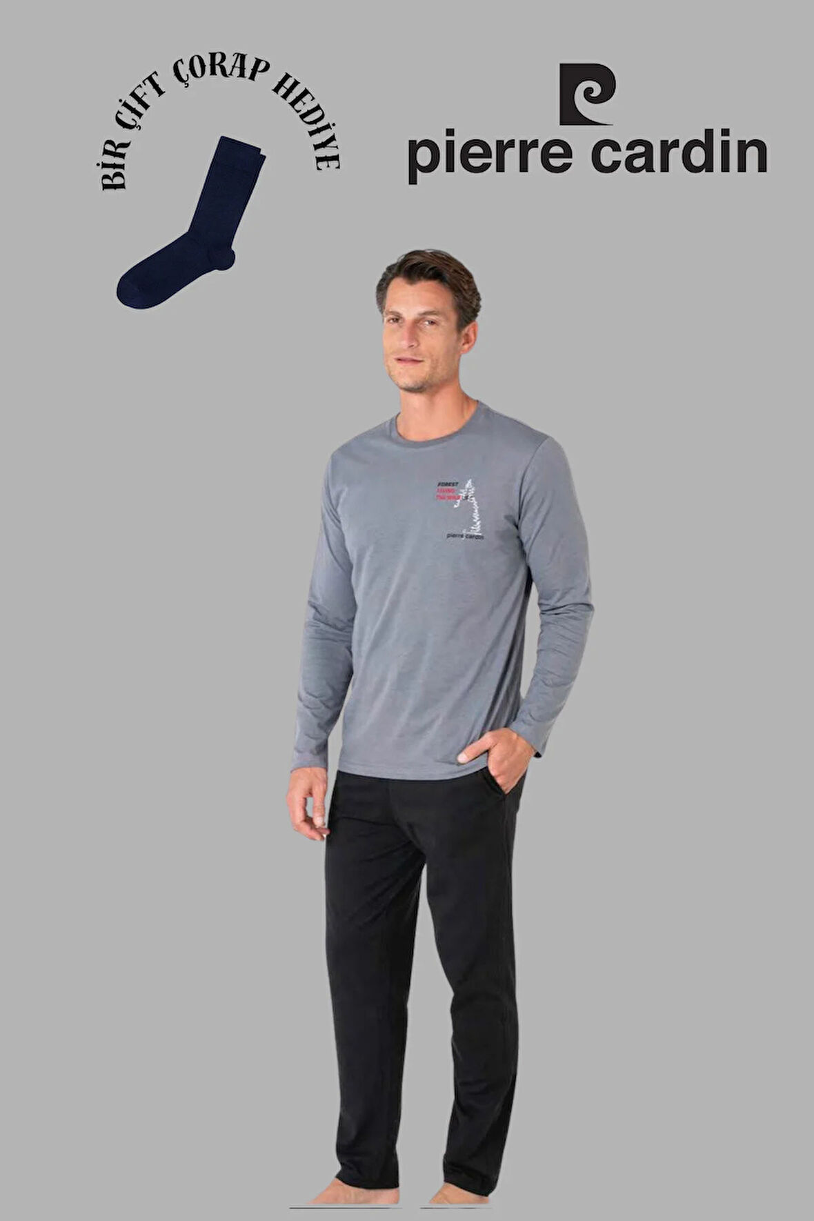 Erkek Siyah Uzun Kol Pamuklu Pijama Takımı 1 Çift Çorap Hediyeli