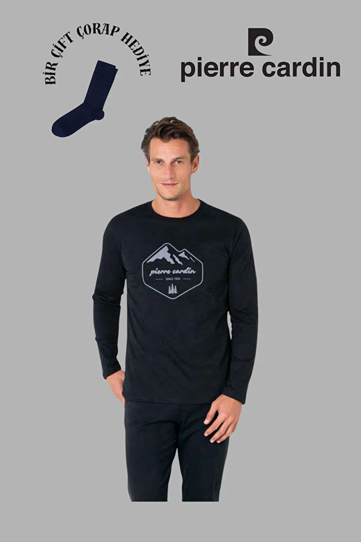 Erkek Siyah Uzun Kol Pamuklu Pijama Takımı 1 Çift Çorap Hediyeli