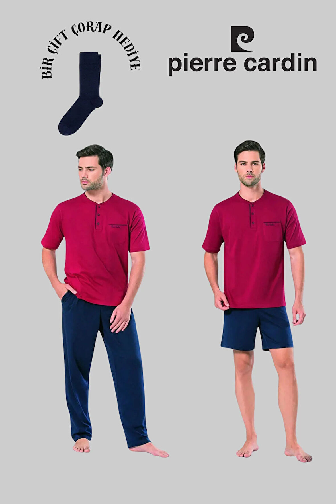 Erkek Lacivert Pamuklu Çeyizlik Kutulu Set 3'lü Pijama Takımı (1 Çift Çorap Hediye)