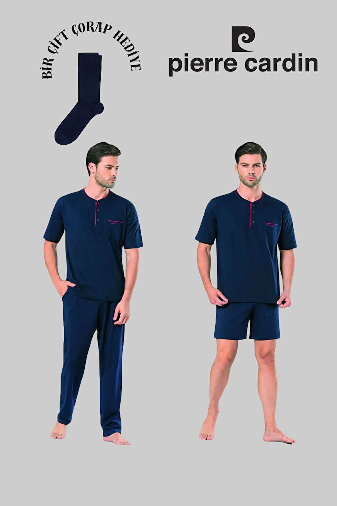 Erkek Lacivert Pamuklu Çeyizlik Kutulu Set 3'lü Pijama Takımı (1 Çift Çorap Hediye)