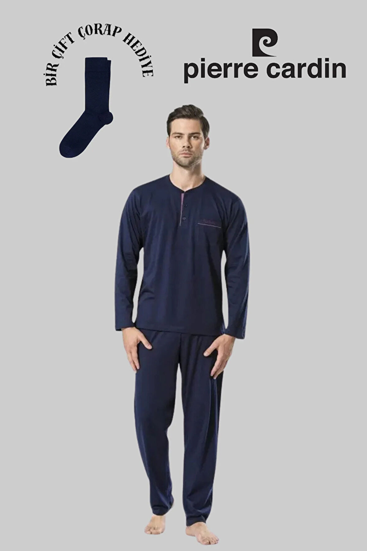 Erkek Lacivert Pamuklu Çeyizlik Kutulu Set 2'li Pijama Takımı (1 Çift Çorap Hediye)