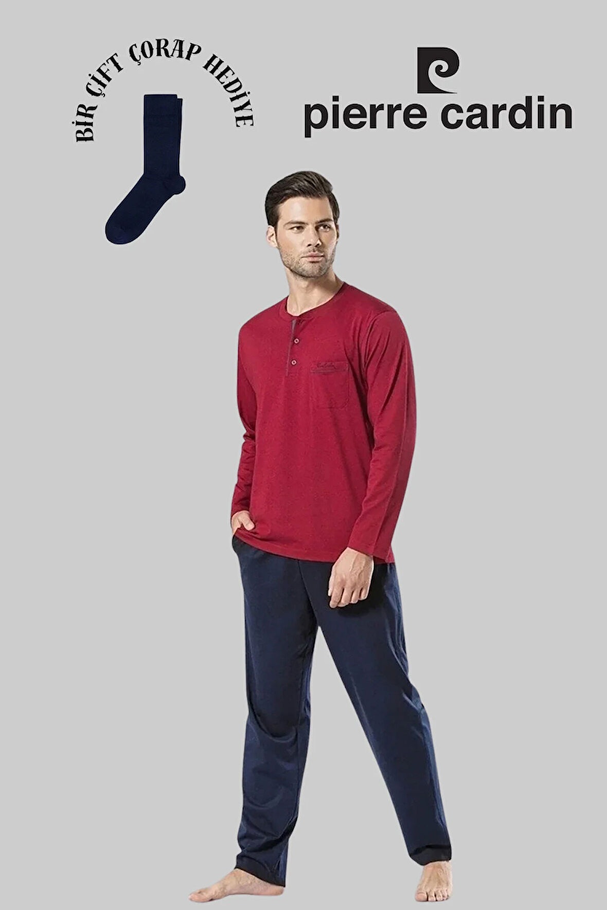 Erkek Lacivert Pamuklu Çeyizlik Kutulu Set 2'li Pijama Takımı (1 Çift Çorap Hediye)